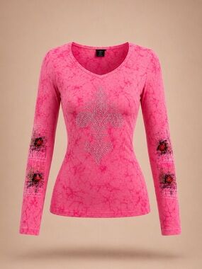 RARE DEADSTOCK Y2K Pink Sledge Tie-Dye Rhinestone Blouse 💖